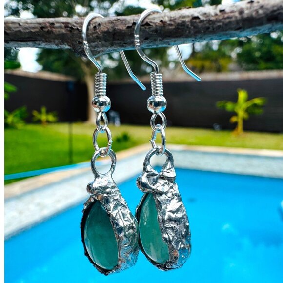 Green Aventurine Teardrop Earrings With Artisan Silver Blend Bezels & 925 Hooks - Picture 6 of 16